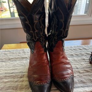 Tony Lama Black and Brown Cowboy Boots with Decorative Stitching